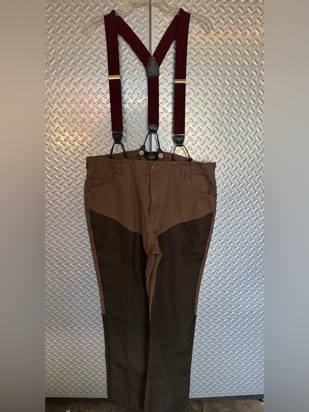 RedHead Canvas Brown Work Hunting Pants Brush Proof with Burgundy Suspenders